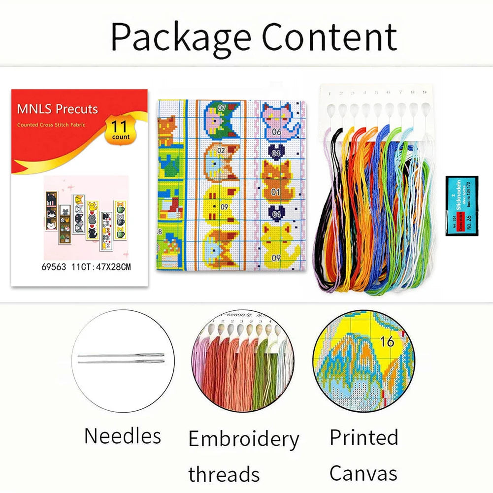 Contenu du kit de broderie pour marque-page comprenant les aiguilles les fils de coton colorés la toile pré-imprimée et le guide d'instructions.