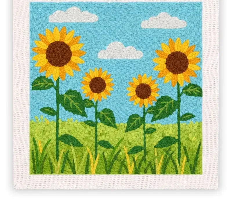Kit punch needle — motif tournesols sous un ciel bleu