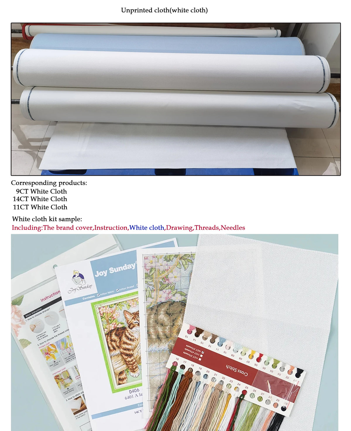Aperçu du packaging d'un kit de broderie complet avec rouleau de toile de canevas pre-imprimee echeveaux de fils et fiches d'instructions.