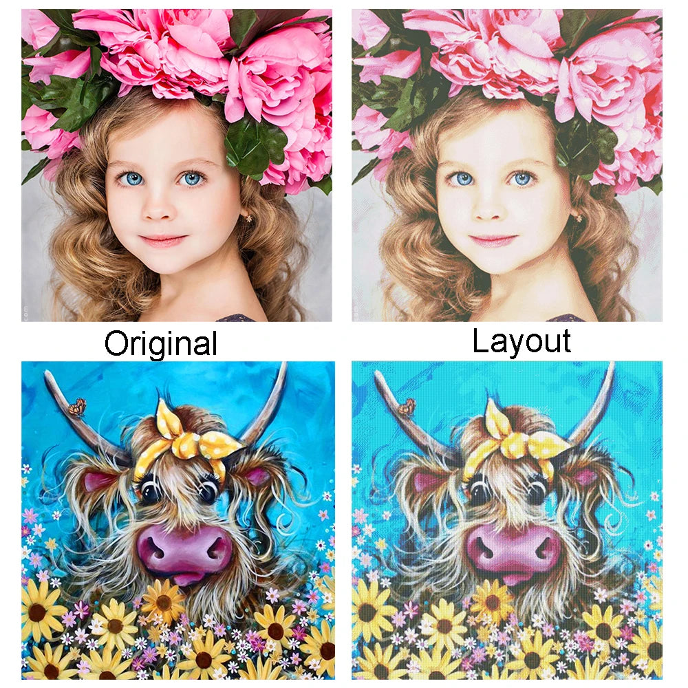 Exemple de transformation d'une photo originale de portrait et d'animal en diagramme imprimé pour broderie point de croix.
