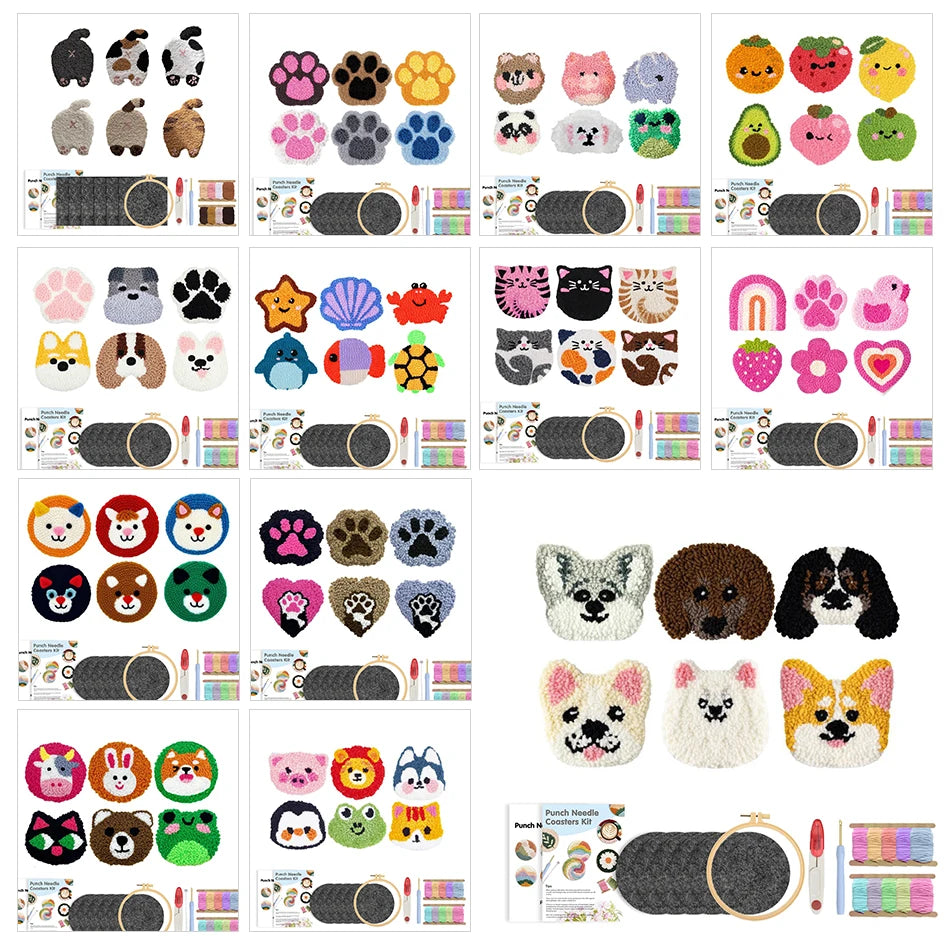 Mosaïque de présentation des différents modèles de kits punch needle pour sous-verres animaux et infographies du matériel de couture inclus.