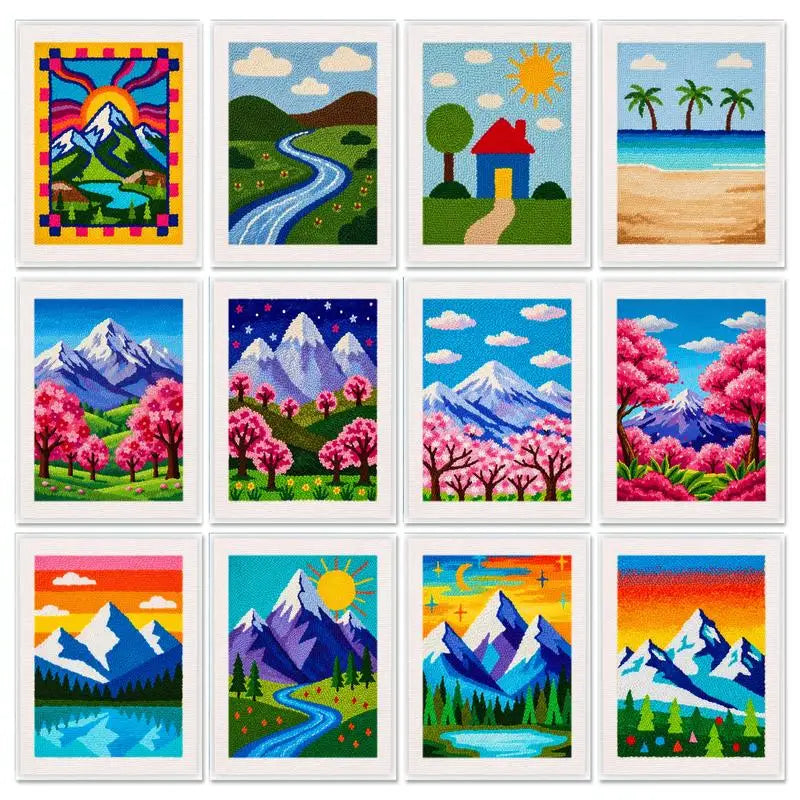Mosaïque présentant douze modèles de tableaux en broderie punch needle aux motifs de paysages de montagnes, plages et fleurs colorées.
