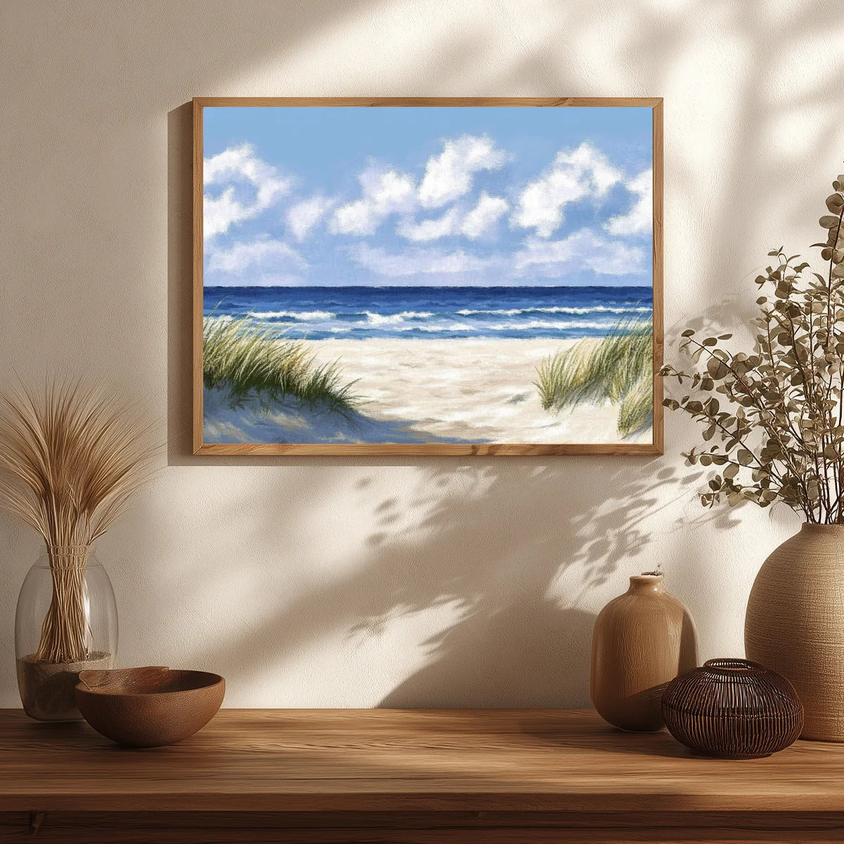 Toile de peinture par numero marine encadree et posee sur un meuble en bois dans un salon lumineux au style epure.