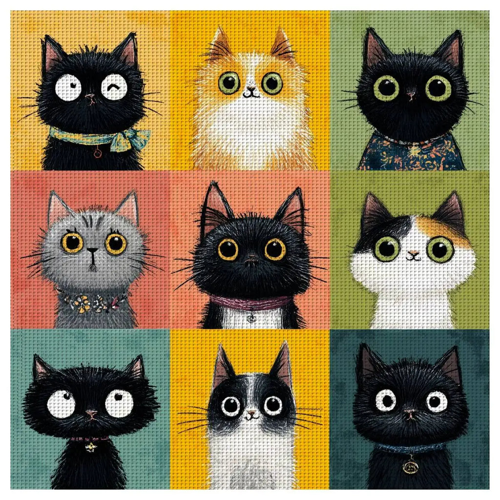 Diagramme de point de croix moderne affichant une mosaique de neuf portraits de chats mignons et rigolos aux grands yeux sur fonds colores.