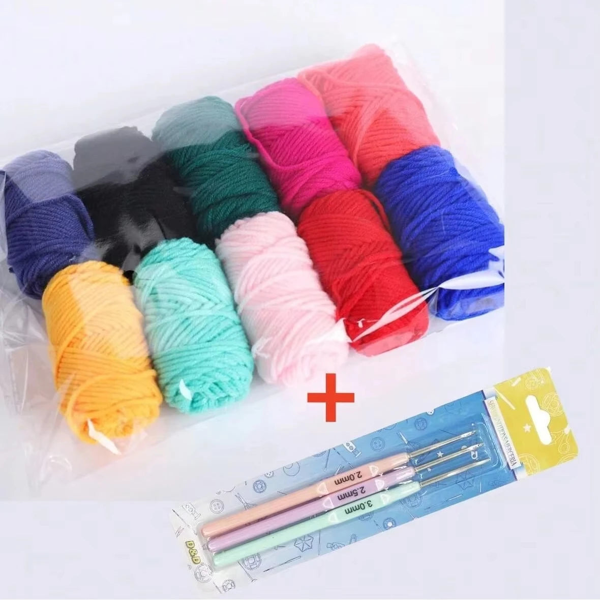 Kit complet de tricot comprenant un lot de pelotes de laine multicolores et trois crochets ergonomiques