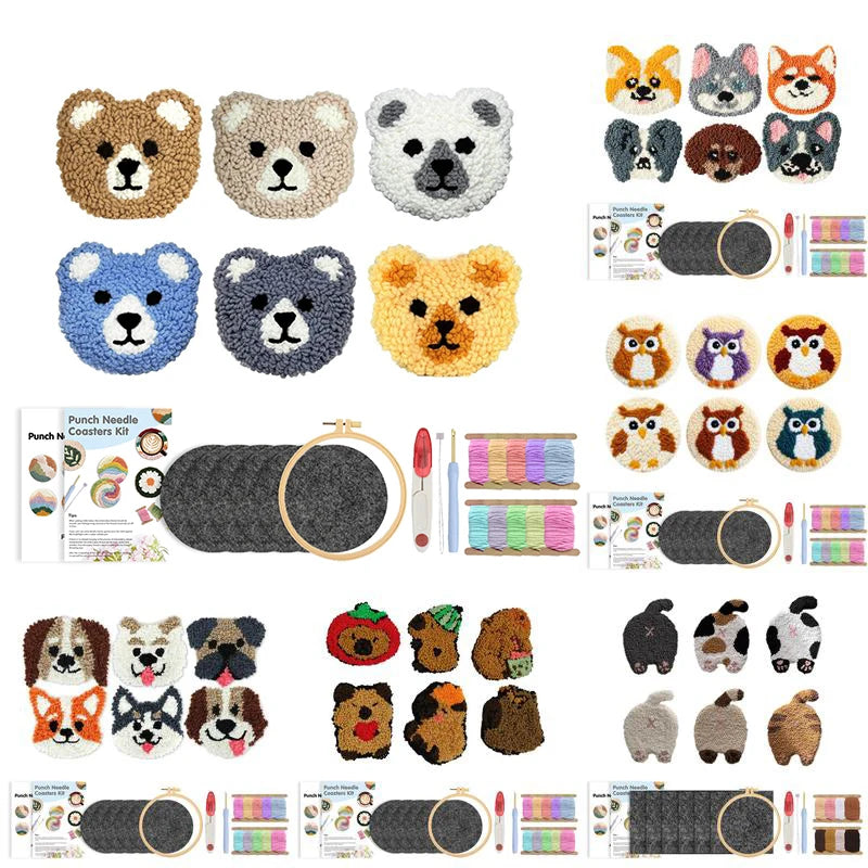 Mosaïque de présentation des modèles de sous-verres animaux en broderie punch needle avec kits de fils, feutrines, aiguilles et tambours en bois.