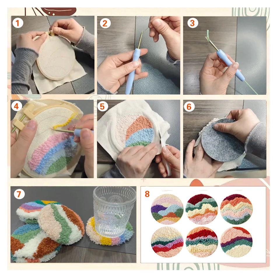 Guide de broderie illustré en six étapes montrant la technique du punch needle pour réaliser un dessous de verre en laine.