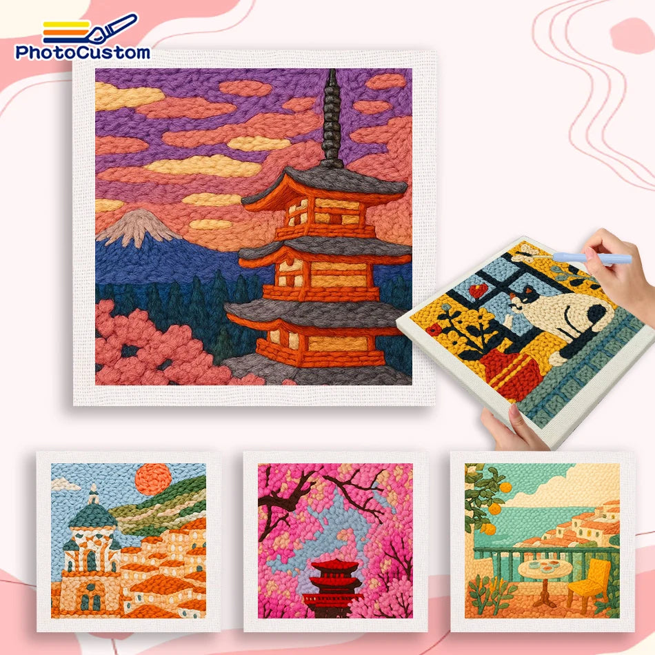 Tableau d'affichage présentant différents modèles de broderie punch needle finis et encadrés, avec paysages japonais, église et chat à la fenêtre.