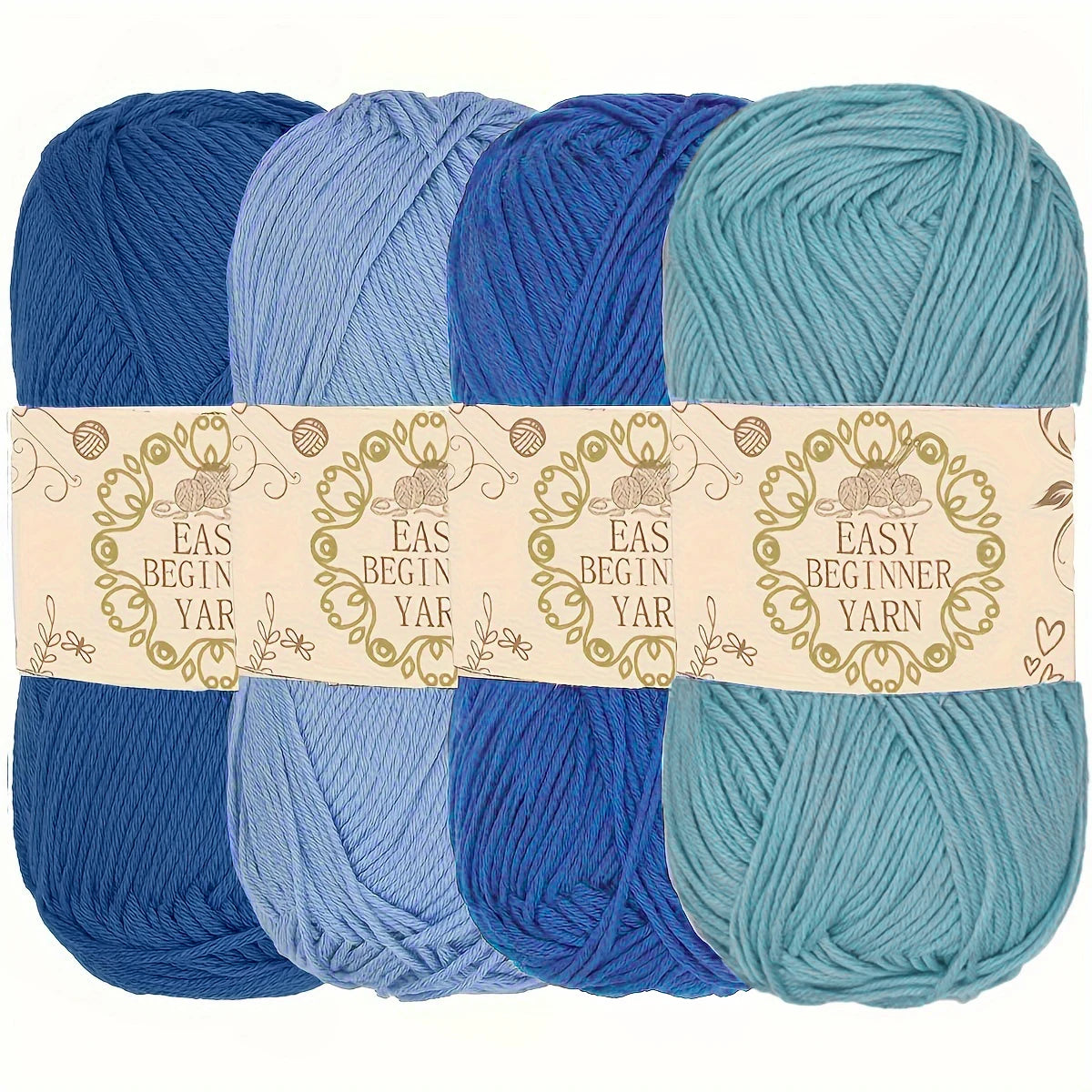 Pack de quatre pelotes de laine Easy Beginner Yarn dégradées dans des nuances de bleu jean et bleu ciel