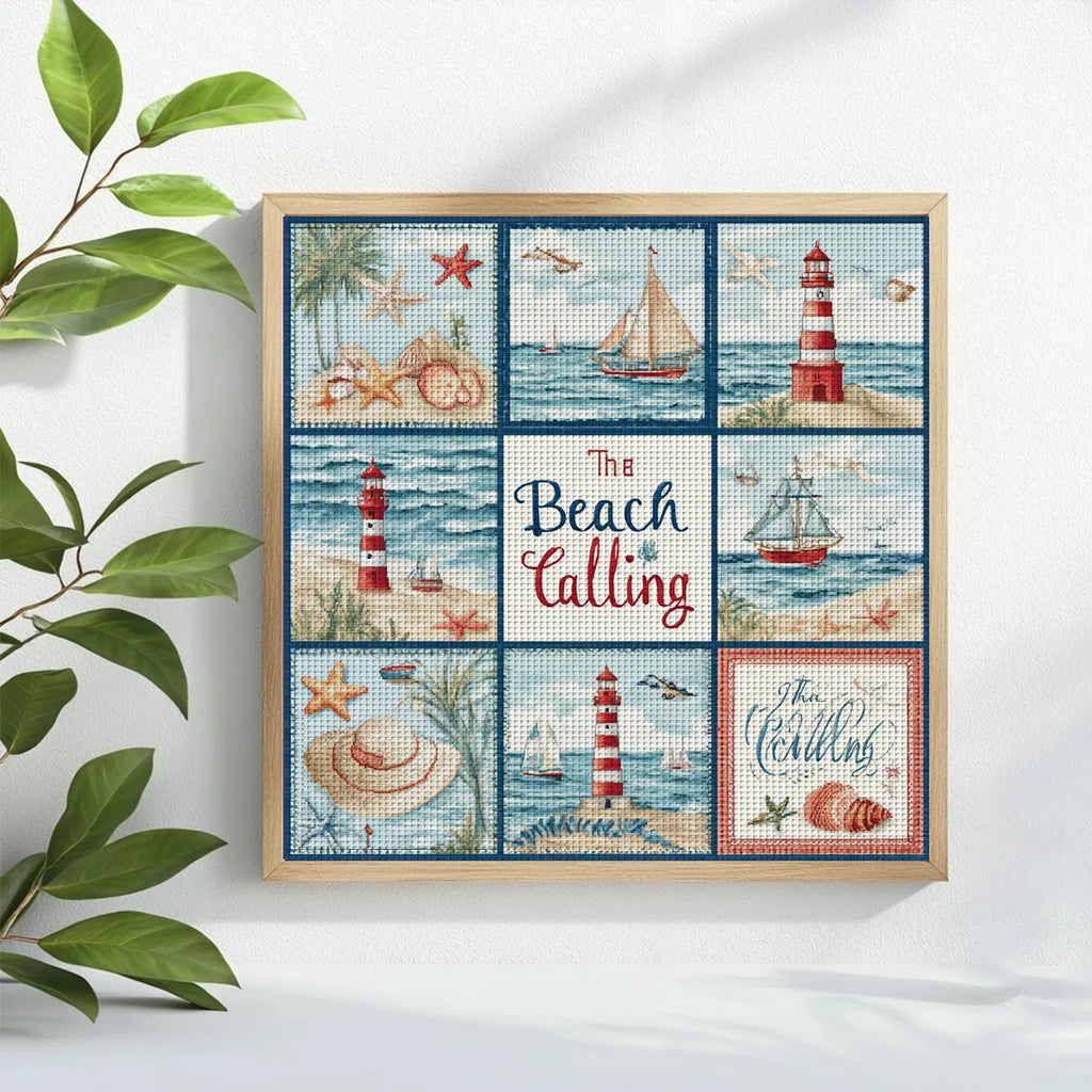 Décoration murale marine faite main avec un kit de point de croix carré aux motifs océaniques et phares rouges et blancs.