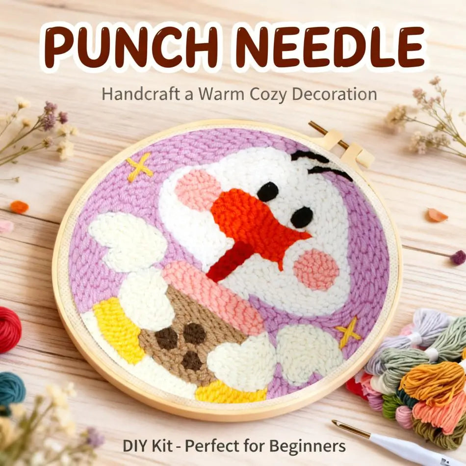 Kit complet de broderie punch needle pour débutant avec un tambour en bois illustrant un petit canard mignon buvant un bubble tea sur fond violet.